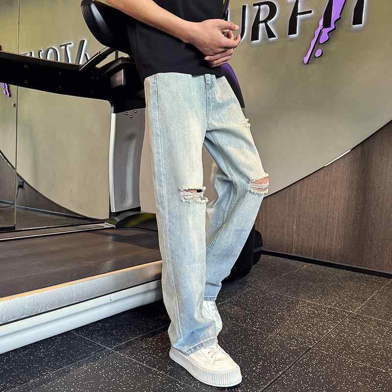 メンズ ファッション 服 男性用 シンプル かっこいい 大人 春コーデ アメリカン ストレート レッグ カジュアル ジーンズ サマー パンツ 薄手 ダメージ加工 ジーンズ