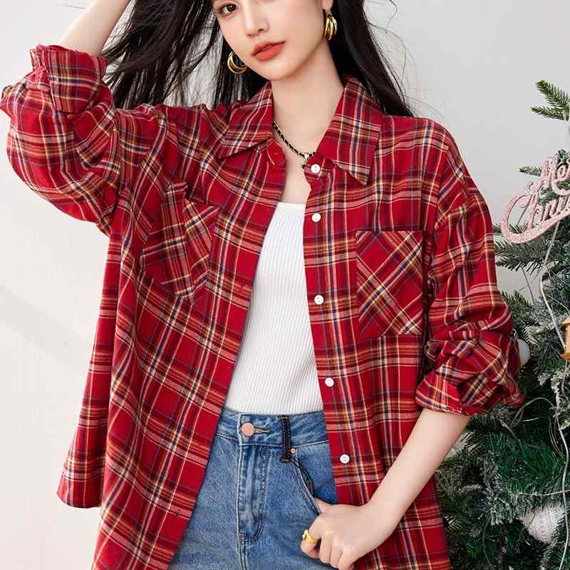 秋服 レディース 流行り物 オシャレ カワイイ  分かりやすい 成年者カワイイ 気が大きい大きさ  長袖 レトロ 赤 読み合わせる柄 プルオーバー 心地よい 上衣 トップス