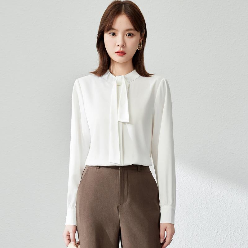 秋服 レディース ファッション オシャレ カワイイ シンプル 大人カワイイ 大きいサイズ シャツ 長袖 リボン シフォン トップス 無地 サテン