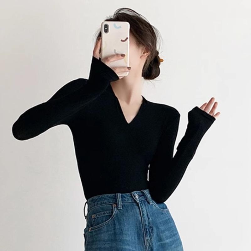 秋服 レディース 流行り物 オシャレ カワイイ  分かりやすい 成年者カワイイ 大層らしい大きさ  黒 長袖 T プルオーバー か細い ハイエンド Vのど首 今めかしい トップス