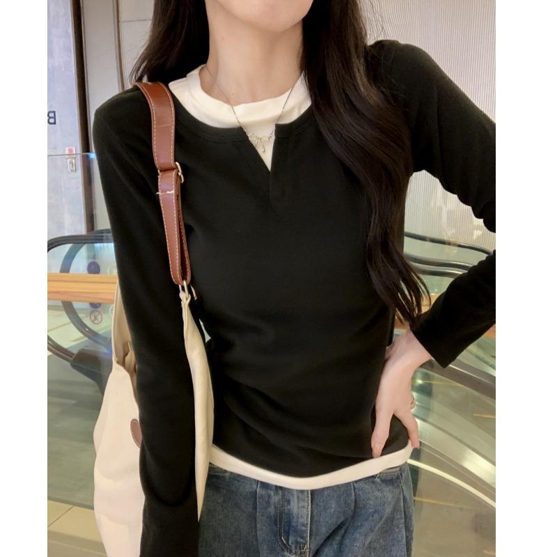 秋服 レディース ファッション オシャレ カワイイ シンプル 大人カワイイ 大きいサイズ 黒 長袖 T シャツ 入り ベルベット ホリデー セットアップ 可能 スリム インナー レイヤリング シャツ