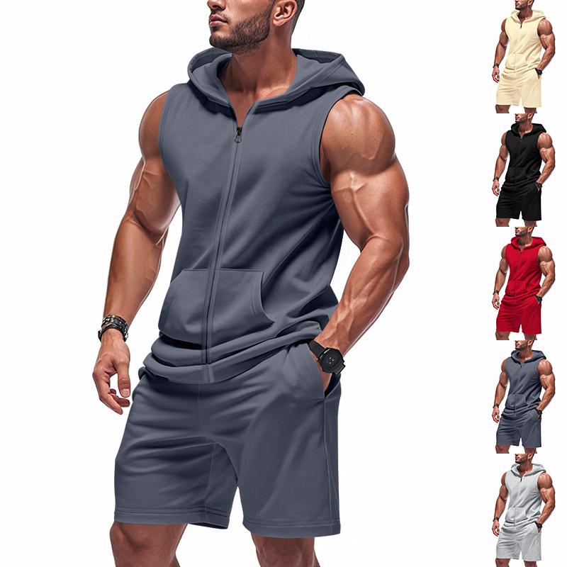 メンズ ベスト パンツ セット アメリカン スタイル ジップ フード フィット 通気性 男性用 トップス ショートパン ラフ フィットネス ウェア 速乾 ジッパー かっこいい