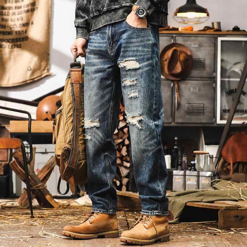 ジーンズ 男性用 メンズ デニムパンツ ゆったり ワイドレッグ ストレート フィット 秋 ダメージ ヴィンテージ風 レトロ コットン コットン素材 デニム生地 カジュアル ストリートファッション 普段使い 通勤ウェア アウトドア 長ズボ