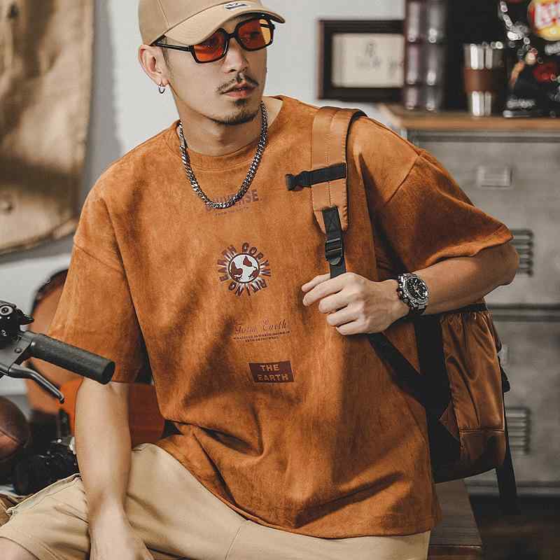 メンズ 半袖 夏 レトロ アメリカン スタイル ワイド フィット スエード ベルベット ドレープ トップス