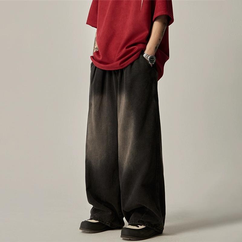 メンズ デニムパンツ ワイドレッグ ストレート ロング丈 フィット ゆったり コットン ヴィンテージ風 ウォッシュ加工 ストリート カジュアル 秋　冬 デイリー 普段使い 通勤ウェア