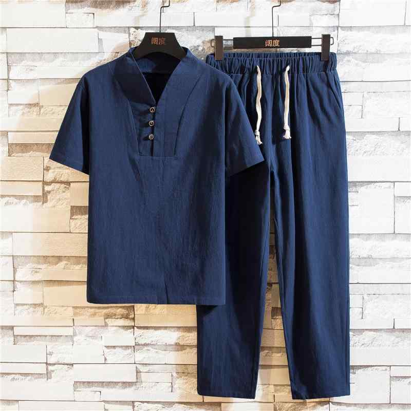 メンズ 男性用 スーツ 夏 綿麻 セットアップ ゆったり 半袖 九分丈パンツ 2点セット 涼 軽量 レジャー 通勤ウェア 普段使い アウトドア