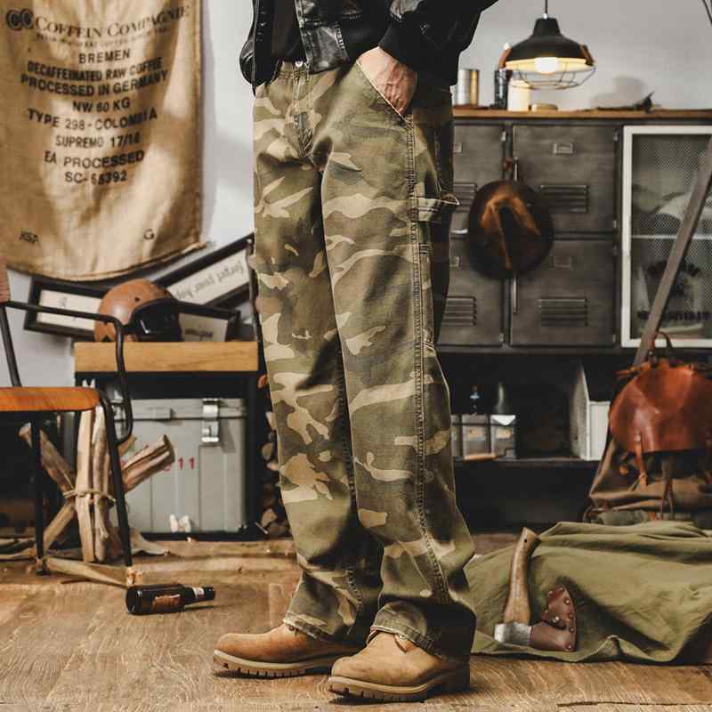 メンズ デニムパンツ 男性用 ストレート パンツ アウトドア ゆったり レジャーパンツ 迷彩 レトロ アメリカン スタイル ストレッチ カジュアル デニム素材 通勤ウェア 普段使い
