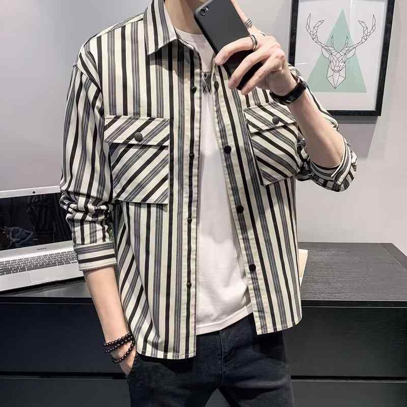 メンズ シャツ 男性用 長袖 縦ストライプ 春　秋 薄手 ジャケット 早秋 カジュアル 秋装 通勤ウェア 普段使い ミドルエイジ