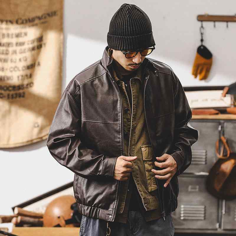 メンズ 上衣 成人男性用 厚地の外套 PUなめし革 ライダース 秋 古典派音楽 ヴィンテージ風 ゆったり 填まる 心地よい ライディング 表どおり