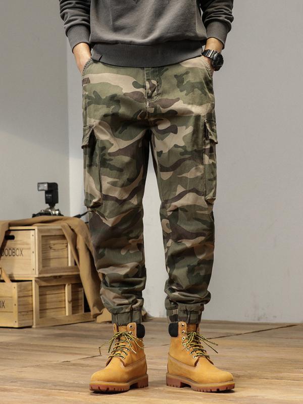 メンズ 男性用 パンツ レトロ 迷彩 ワイド フィット マルチポケット ストレッチ カジュアル 普段使い アウトドア ミリタリー 多機能