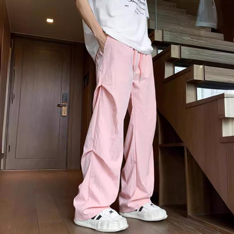 メンズ パンツ 男性用 夏 薄手 快適 速乾 カジュアル ストレート ピンク ブラック グレー 通勤ウェア 普段使い アウトドア 軽量 ストレッチ コットン ポリエステル ナイロン ミッドライズ スリムフィット カーゴポケット ドローストリング