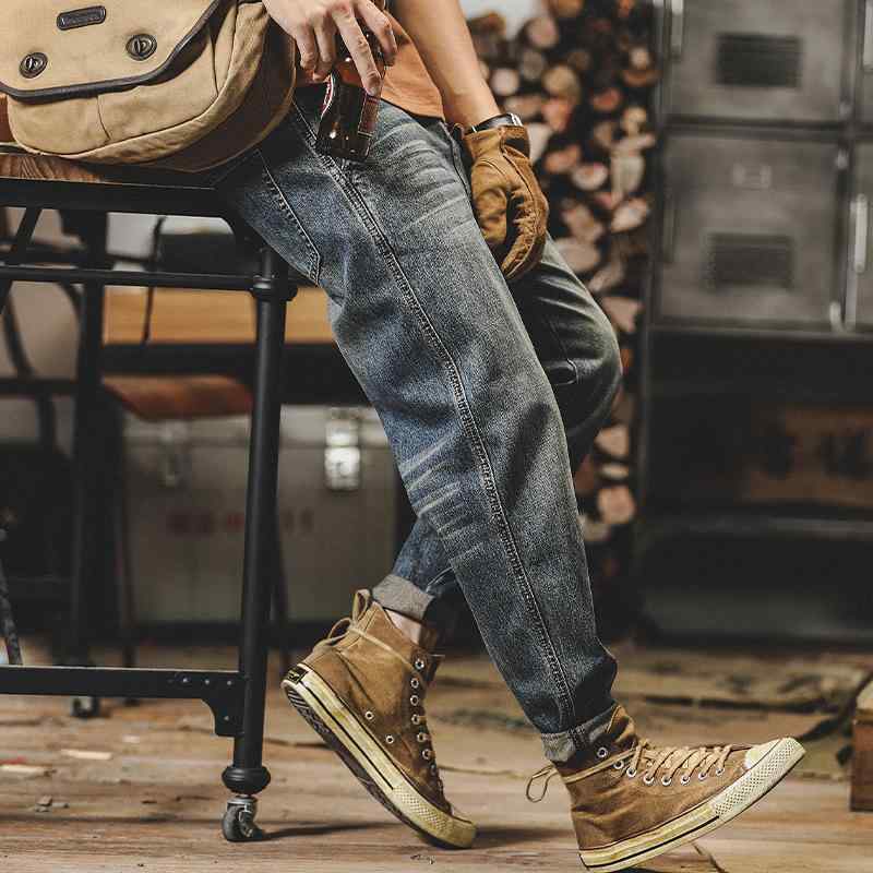 メンズ ジーンズ 男性用 ワイド ストレート レトロ デニム パンツ ゆったり ストレッチ コットン ミックス PUレザー フィット カジュアル 普段使い 通勤ウェア デイリー 秋冬 オールシーズン 軽量 伸縮性 ストレッチ ストレッチ ビンテージ風