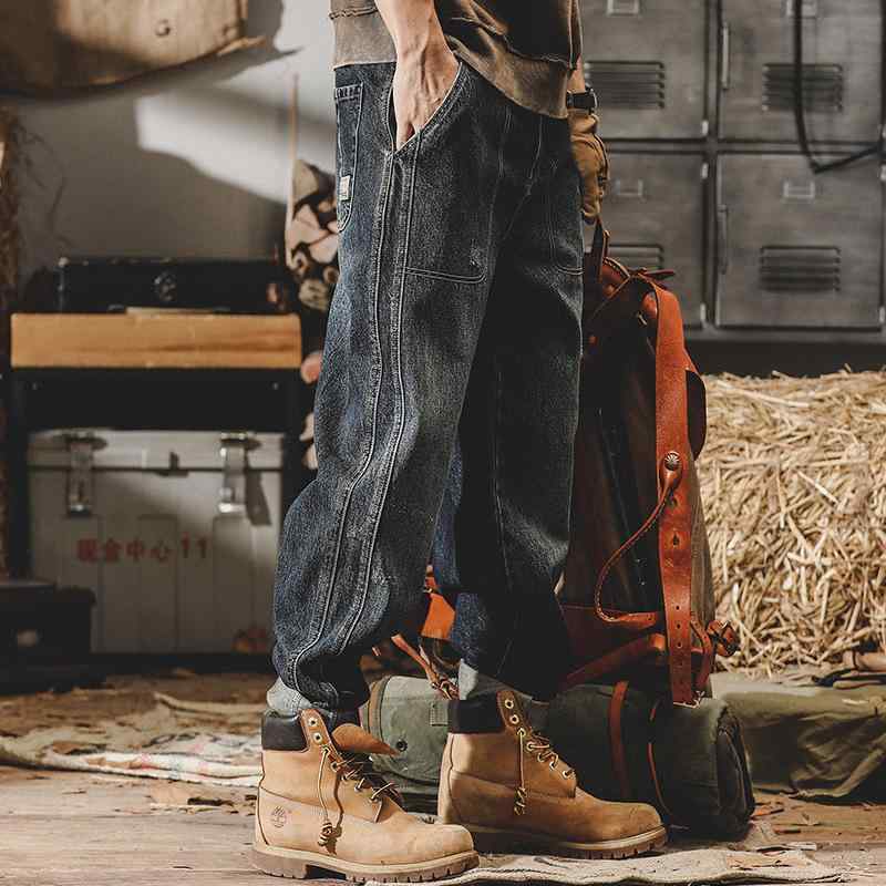 メンズ ジーンズ 男性用 ワイドレッグ ストレート フィット デニム 風 ビンテージ風 加工 生地 コットン ストレッチ 通勤ウェア 普段使い カジュアル デイリー