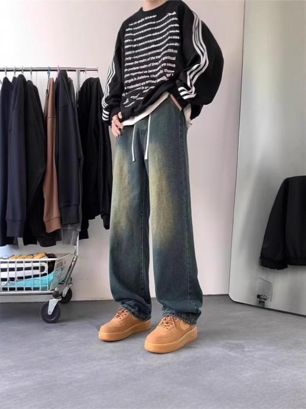メンズ ジーンズ 男性用 春 秋 デニムパンツ ゆったり ストレート ワイドレッグ ロングパンツ アメリカン スタイル パンツ 長ズボン 通勤ウェア 普段使い カジュアル 軽量 伸縮性 ストレッチ デニム素材 ハイウエスト 秋 冬