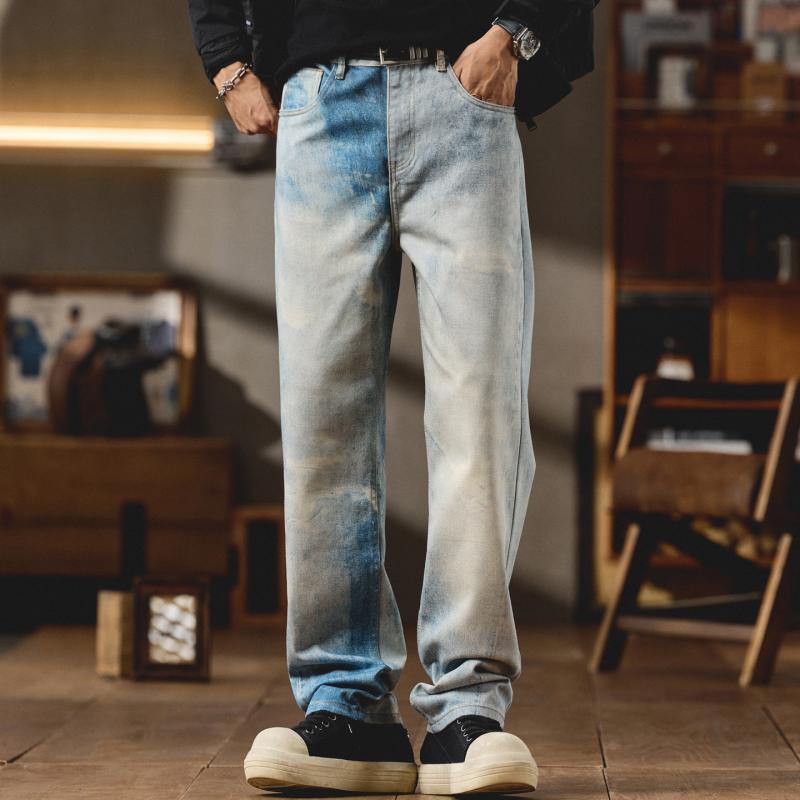 春 アメリカン ストリート プリント ジーンズ メンズ ストレート レッグ フィット リヨセル ロング パンツ ｜リコット