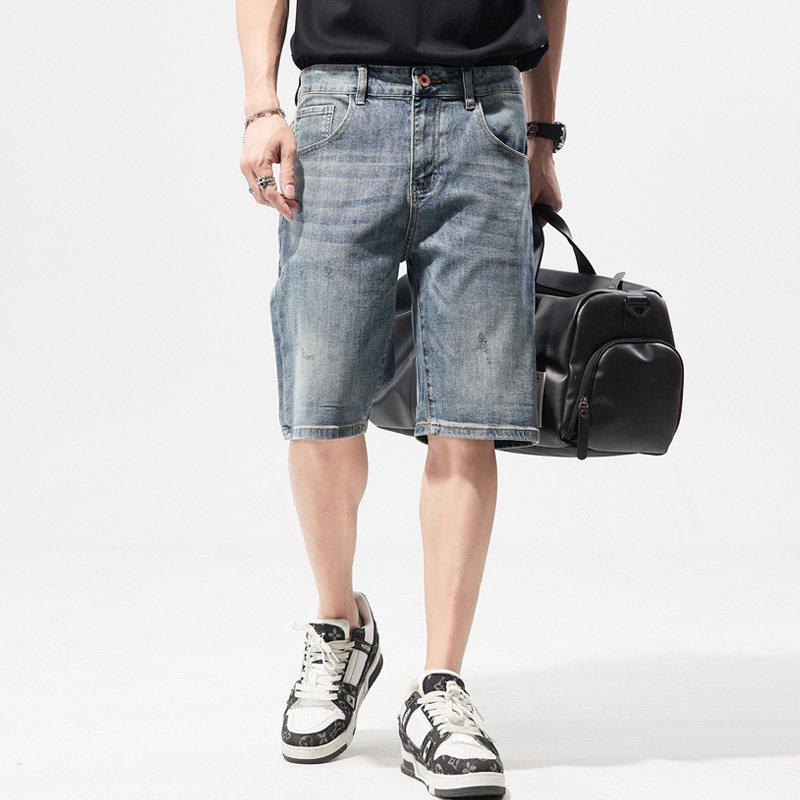 ウォッシュド デニム メンズ パンツ 夏 ゆったり ストレート レッグ ハーフ ジョギング パンツ ストレッチ ハーフ ミドル丈 パンツ