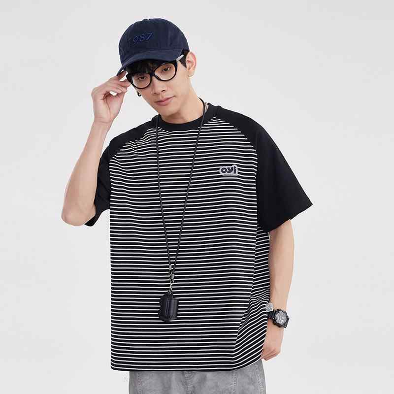 黒 白 ストライプ メンズ 半袖 Tシャツ 夏 スタイル 綿 素材 カジュアル