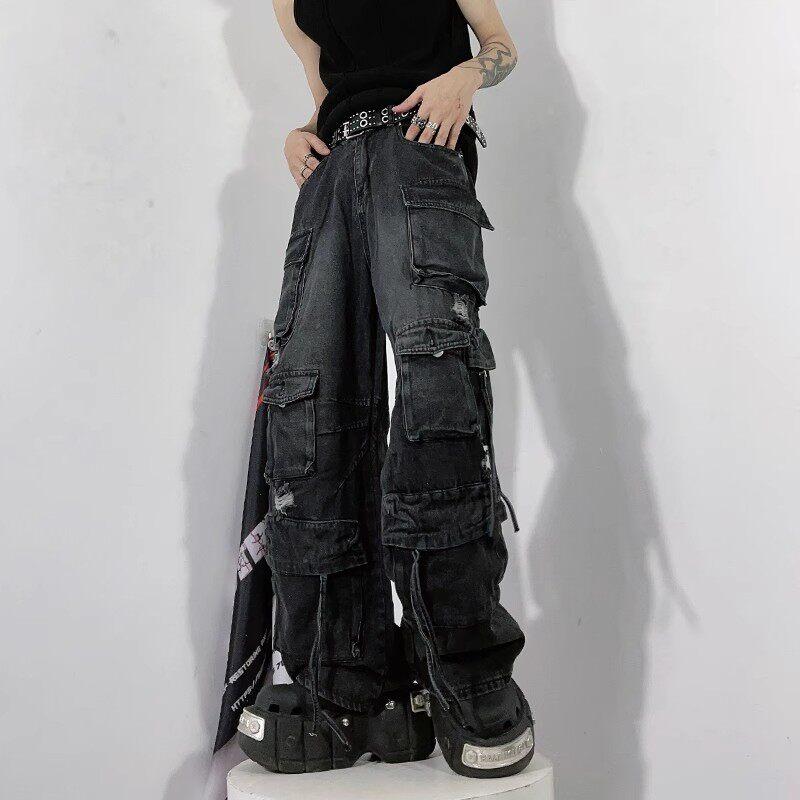 メンズ アメリカン レトロ マルチ ポケット カーゴ パンツ 男女兼用 ゆったり ストリート スタイル ウォッシュ加工 ストレート レッグ パンツ