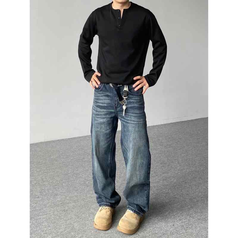 メンズ アメリカン レトロ ダークウォッシュウィスカー ジーンズ ユニセックス ストレート レッグ 快適 カジュアル パンツ |リコット