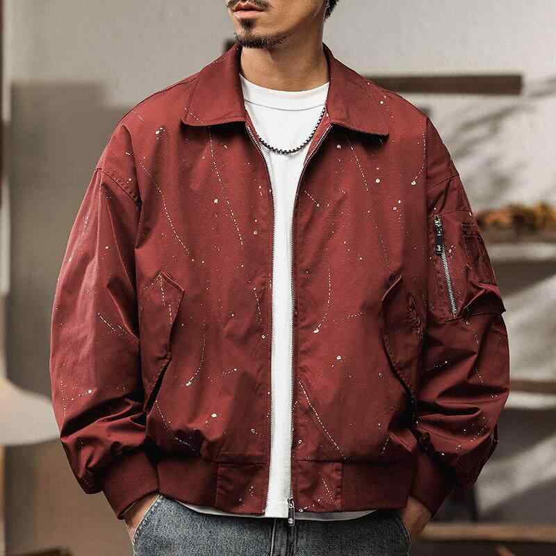 アメリカン メンズ ワーク ウェア ジャケット 春　秋 ペイントドット柄 カジュアル ボンバー ジャケット MA1 クール トップス