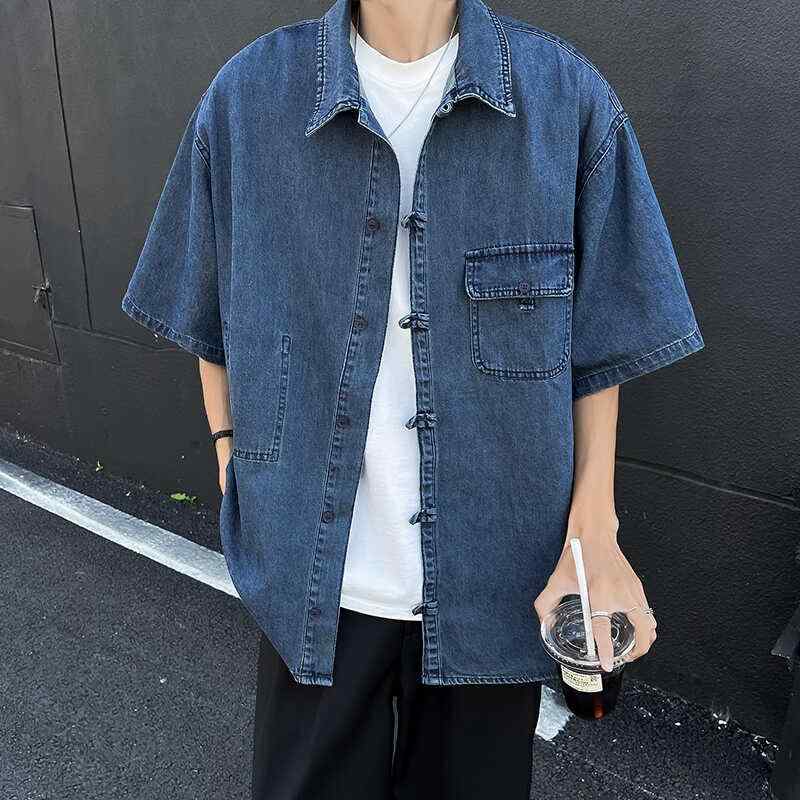 メンズ ファッション 服 男性用 オシャレ シンプル 大人 かっこいい 大きいサイズ ストリート 紳士服 レトロ ソリッドカラー ボタン ダウン 半袖 デニムシャツ ユニセックス ウォッシュ アンド エイジ ド シャツ
