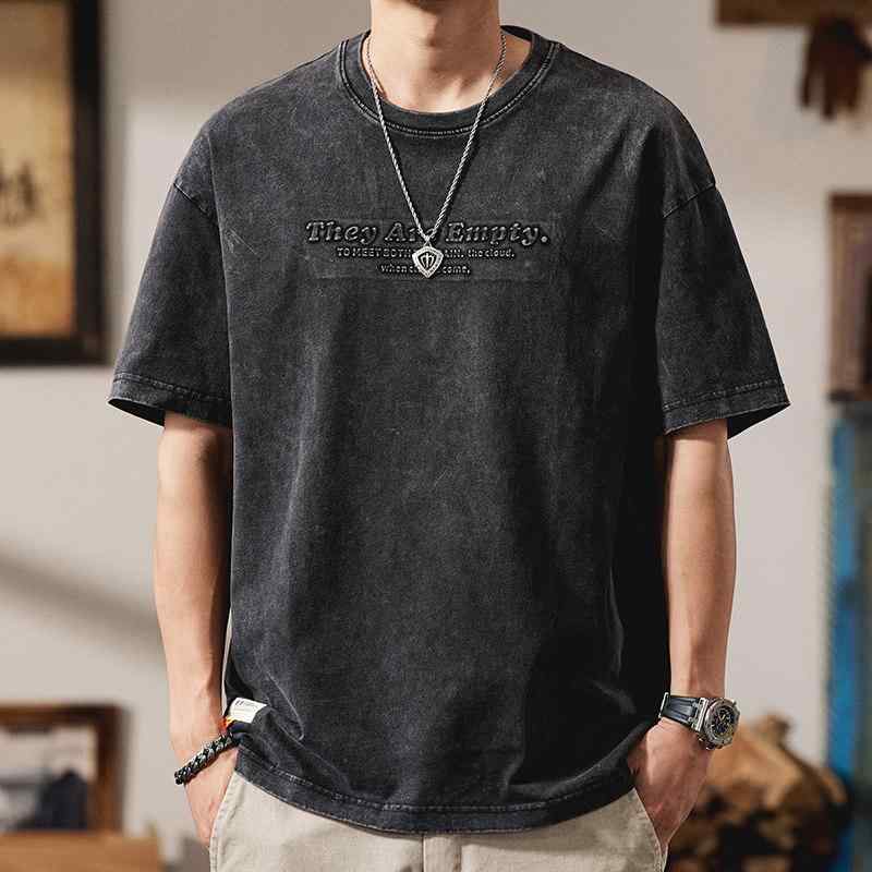 アメリカン レトロ ウォッシュ加工 半袖 Tシャツ メンズ 夏 レタースタンプ 綿 半袖 Tシャツ メンズ