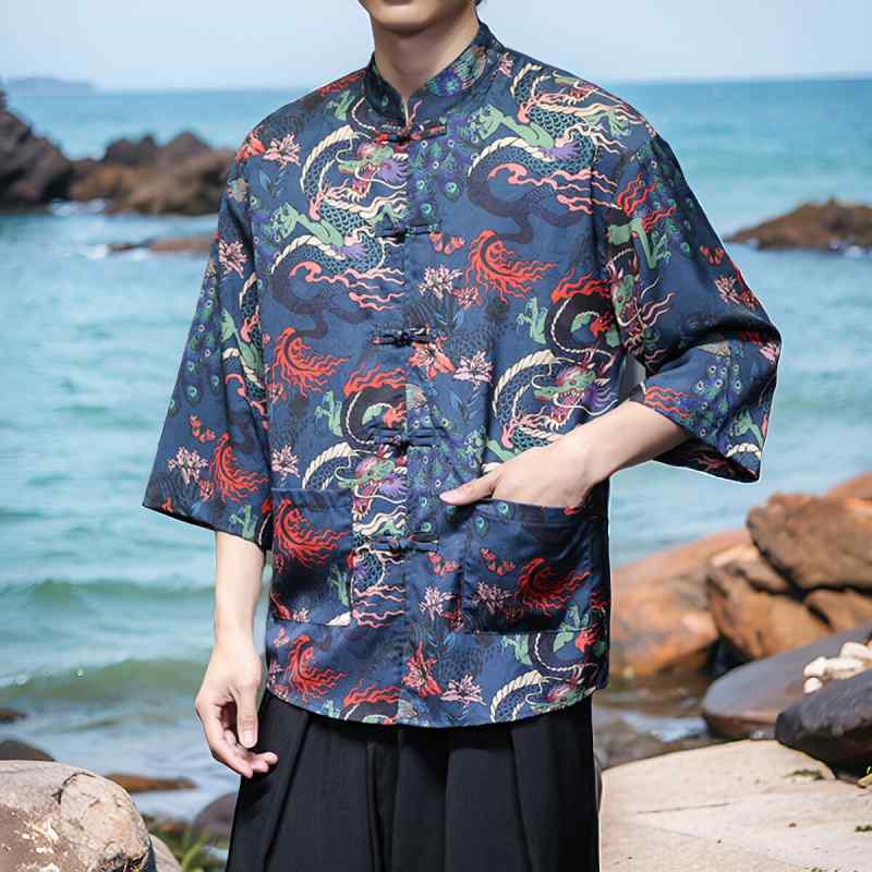 メンズ ファッション 服 男性用 オシャレ シンプル 大人 かっこいい 大きいサイズ ストリート 紳士服 プリント シャツ 半袖 夏 絹 唐装 スタンドカラー プレート ボタン 七分袖