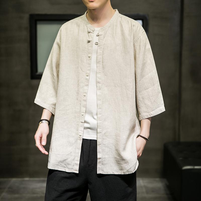 メンズ ファッション 服 男性用 オシャレ シンプル 大人 かっこいい 大きいサイズ ストリート 紳士服 七分袖 リネンシャツ リネン ボトム 綿麻 シャツ ノー カラー チャイナ