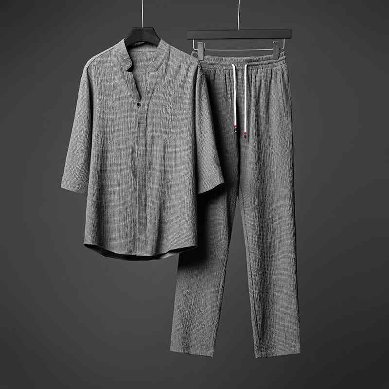 メンズ ファッション 服 男性用 オシャレ シンプル 大人 かっこいい 大きいサイズ ストリート 紳士服 プリーツ 綿 リネン T シャツ 半袖 スーツ Vネック 漢服 唐 カジュアル セット