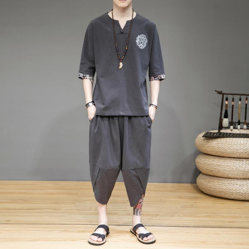 メンズ 流行り物 服 成人男性用 オシャレ 分かりやすい 成年者 かっこいい 大層らしい大きさ 表どおり 成人男性服 T プルオーバー 半袖 リネン 背広 綿 唐 夏 漢服