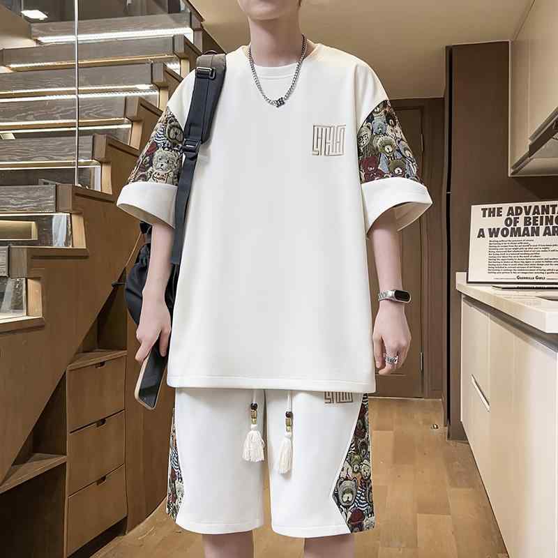 メンズ ファッション 服 男性用 オシャレ シンプル 大人 かっこいい 大きいサイズ ストリート 紳士服 T シャツ 夏 エスニック スーツ ラウンドネック 通気性 半袖 セット