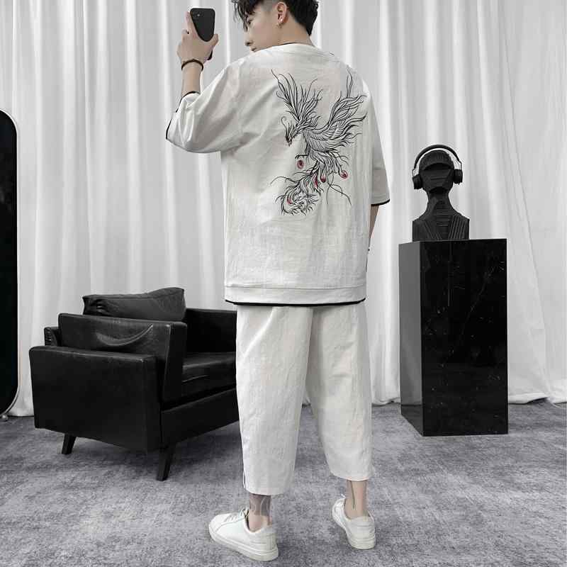 メンズ 流行り物 服 成人男性用 オシャレ 分かりやすい 成年者 かっこいい 大層らしい大きさ 表どおり 成人男性服 夏 半袖 T プルオーバー リネン 背広 漢服 心地よい 唐