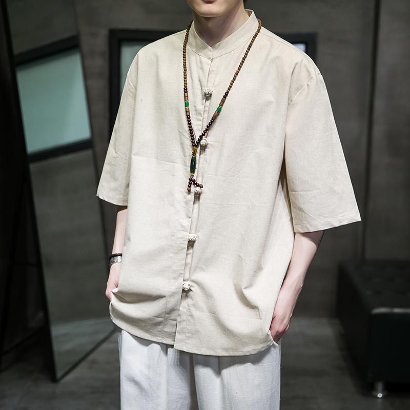メンズ 流行り物 服 成人男性用 オシャレ 分かりやすい 成年者 かっこいい 大層らしい大きさ 表どおり 成人男性服 リネン 名取り草 膨れ上がる プルオーバー 綿 心地よい 漢服 五分袖 夏 無地 半袖