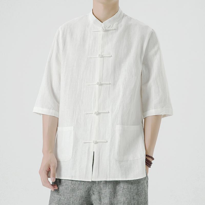 メンズ ファッション 服 男性用 オシャレ シンプル 大人 かっこいい 大きいサイズ ストリート 紳士服 リネンシャツ 半袖 プレート ボタン 唐 スーツ 夏 綿 麻 五分袖 シャツ
