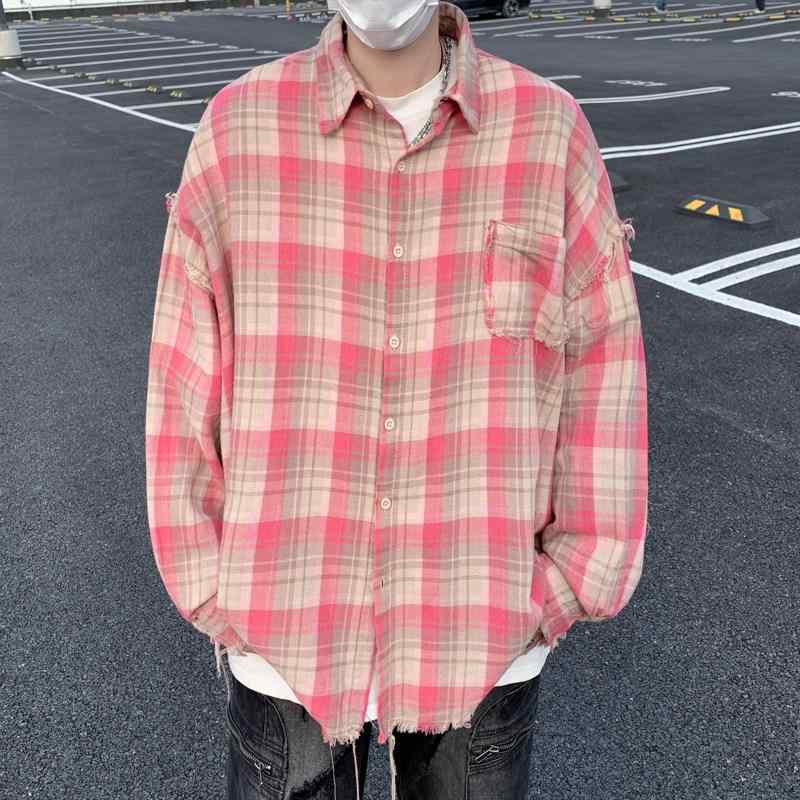 メンズ ファッション 服 男性用 オシャレ シンプル 大人 かっこいい 大きいサイズ ストリート 紳士服 ピンク 格子縞 シャツ 長袖 アメリカン レトロ ストリート トップス 秋 ハイエンド ファー エッジ ジャケット
