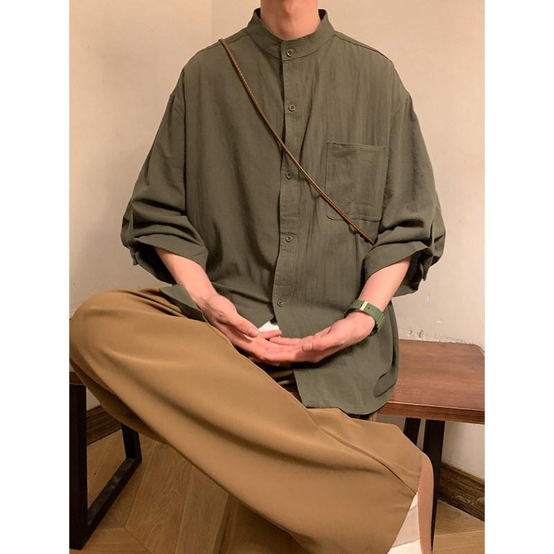 メンズ ファッション 服 男性用 オシャレ シンプル 大人 かっこいい 大きいサイズ ストリート 紳士服 ノー カラー コットンリネン シャツ 半袖 夏 レトロ カジュアル リネンシャツ