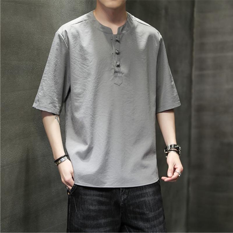 メンズ ファッション 服 男性用 オシャレ シンプル 大人 かっこいい 大きいサイズ ストリート 紳士服 リネン 半袖 T シャツ 夏 綿 レトロ バックル Vネックトップス