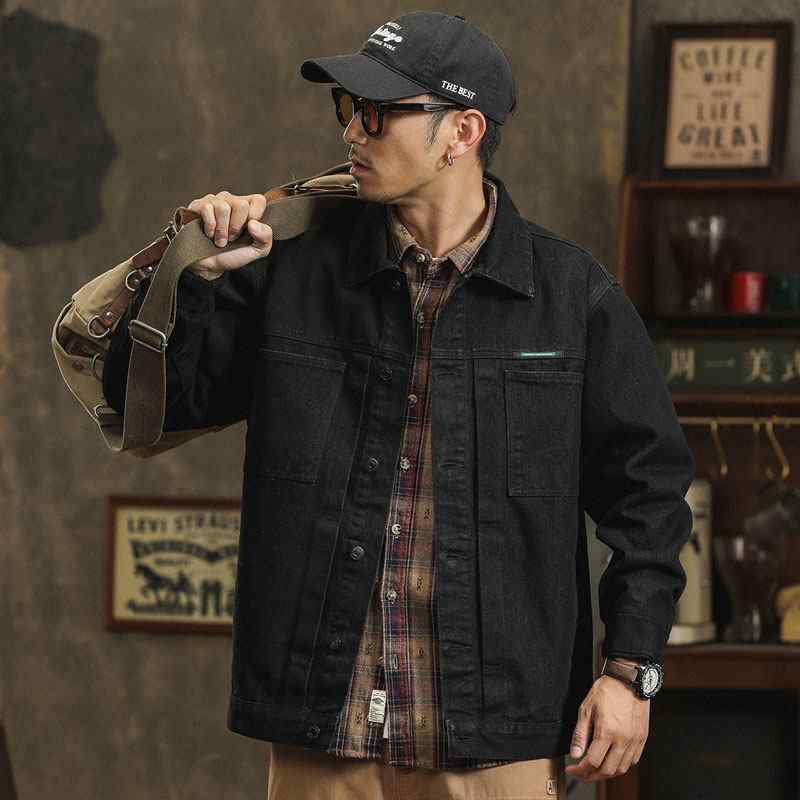 春 秋 コーデ 細工物 お召しもの ジーンズ 上衣 メンズ ゆったり 填まる 心地よい トップス 黒いこと アメリカン 表現スタイル メンズ 上衣