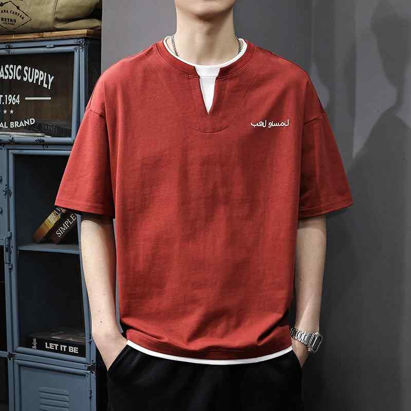 夏 レッド 半袖 Tシャツ メンズ フェイクツーピース 半袖 Vネック Tシャツ ゆったり コットン トップス ｜リコット