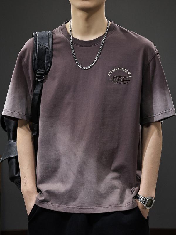 アメリカン ゆったり 厚手 綿 素材 メンズ 半袖 Tシャツ 夏 スタイル ラウンドネック カジュアル グラデーション 半袖 シャツ