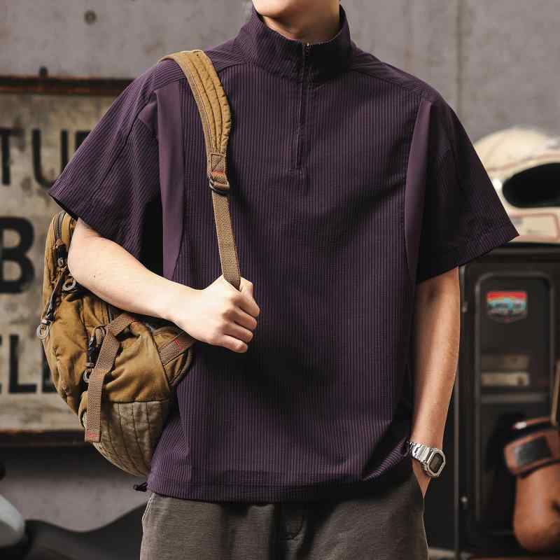 レトロ カジュアル ハーフジップ スタンドカラー 半袖 Tシャツ メンズ ゆったり 速乾 冷感 ポロシャツ トップス