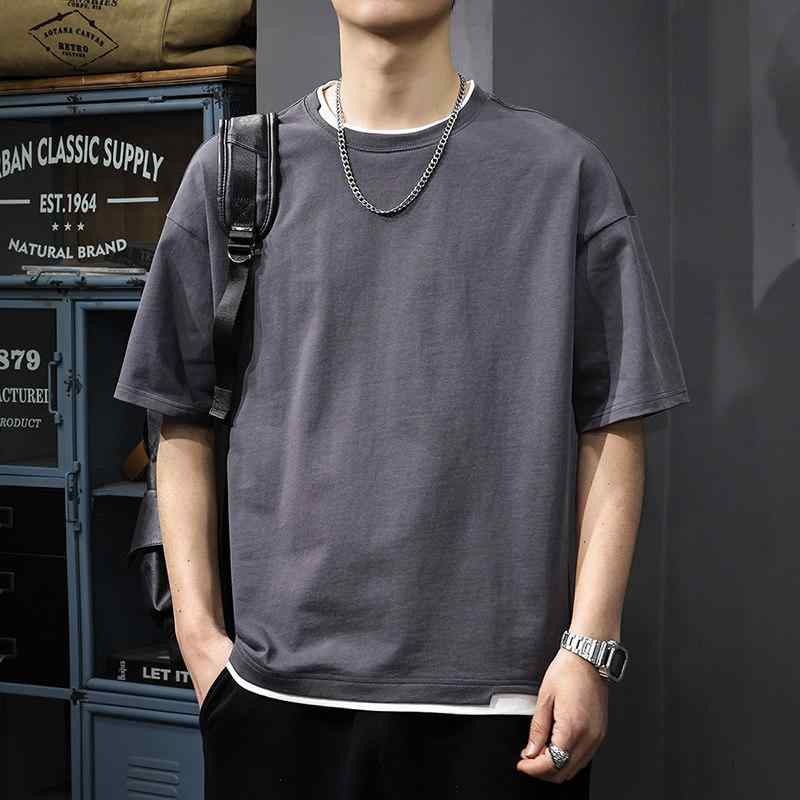 メンズ アメリカン フェイクツーピース クルーネック 半袖 Tシャツ 夏 コーデ スタイル ゆったり フィット 大きいサイズ 七分袖 Tシャツ