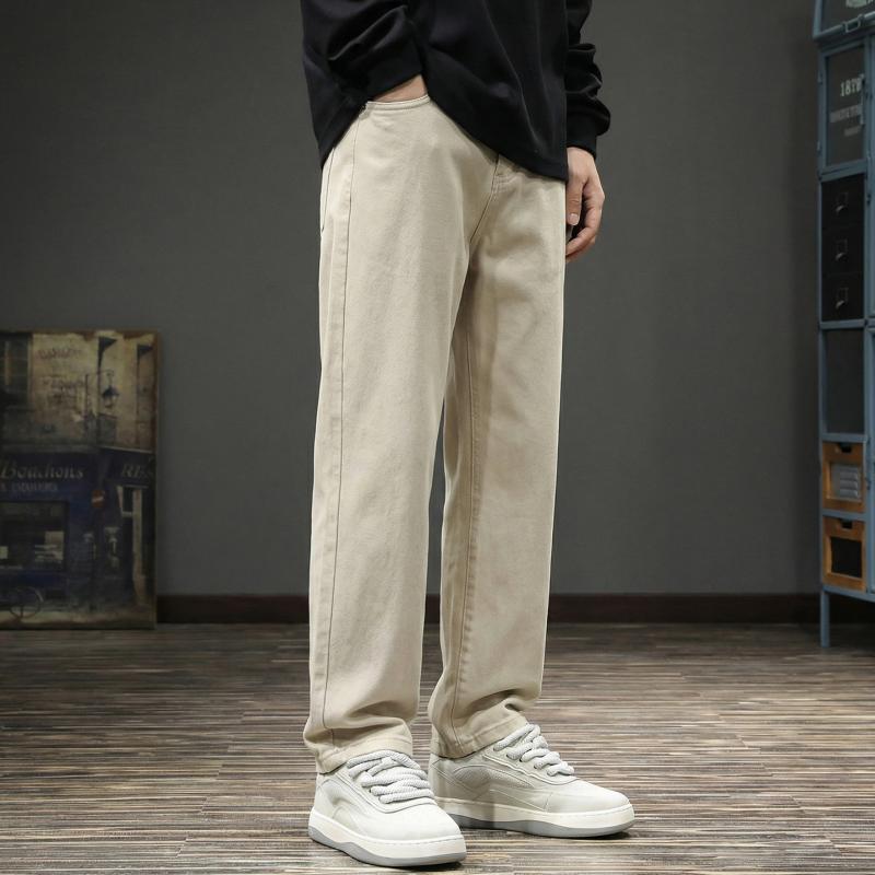春 ストレッチ ジーンズ メンズ ゆったり フィット ストレート レッグ パンツ 無地 シンプル 通勤ウェア パンツ
