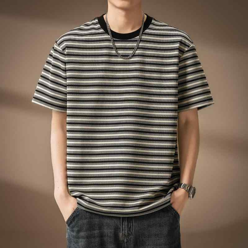 メンズ 縞模様 半袖 プルオーバー 成人男性用 夏 アメリカン 心地よい 表現スタイル レトロ マリンテイスト ベースレイヤー