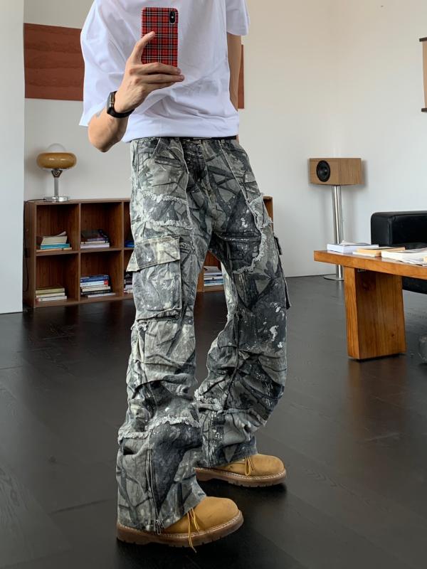 メンズ ファッション 服 男性用 オシャレ シンプル 大人 かっこいい 大きいサイズ ストリート 紳士服 迷彩 カジュアル ジーンズ マルチ ケット ストレート ワイド レッグ パンツ