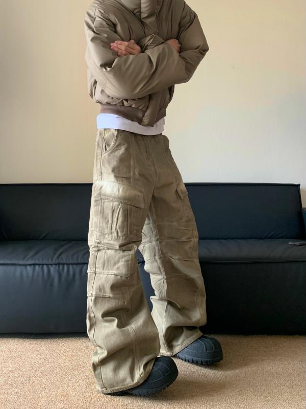 メンズ ファッション 服 男性用 オシャレ シンプル 大人 かっこいい 大きいサイズ ストリート 紳士服 アメリカン レトロ ヘビーウェイト ウォッシュド ケット カット プリーツ カジュアル パンツ ｜リコット