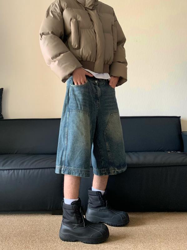 メンズ ファッション 服 男性用 オシャレ シンプル 大人 かっこいい 大きいサイズ ストリート 紳士服 アメリカン レトロ ダメージ 加工 ストレート シンプル デニム パンツ ゆったり ワイド 五分丈