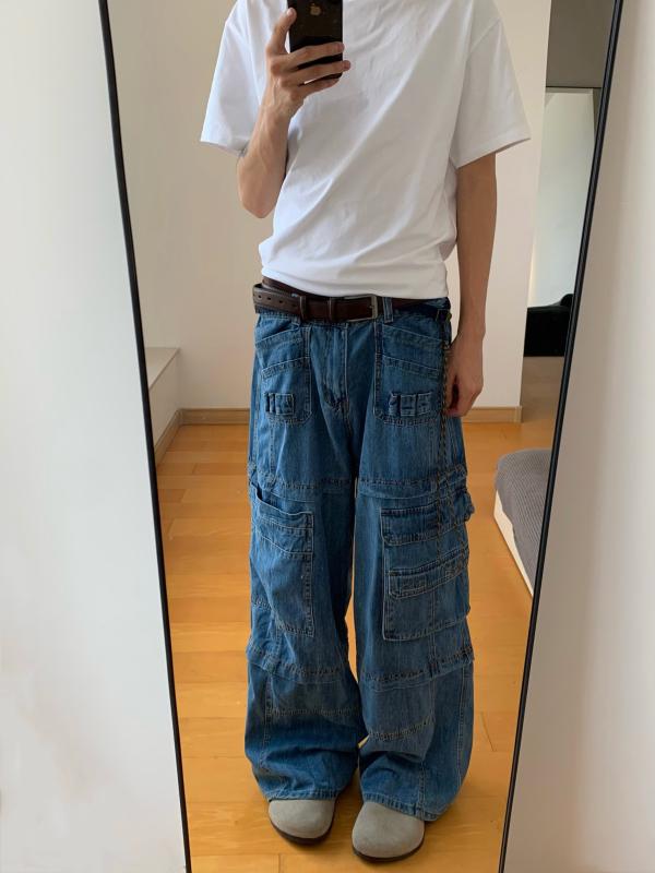 メンズ ファッション 服 男性用 オシャレ シンプル 大人 かっこいい 大きいサイズ ストリート 紳士服 アメリカン レトロ マルチ ケット ウォッシュ ジーンズ カジュアル パンツ