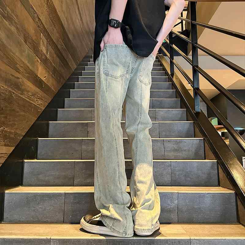 メンズ ファッション 服 男性用 オシャレ シンプル 大人 かっこいい 大きいサイズ ストリート 紳士服 イエロー マッド ジーンズ アメリカン レトロ ストリート パンツ 秋 ストレート ワイド レッグ