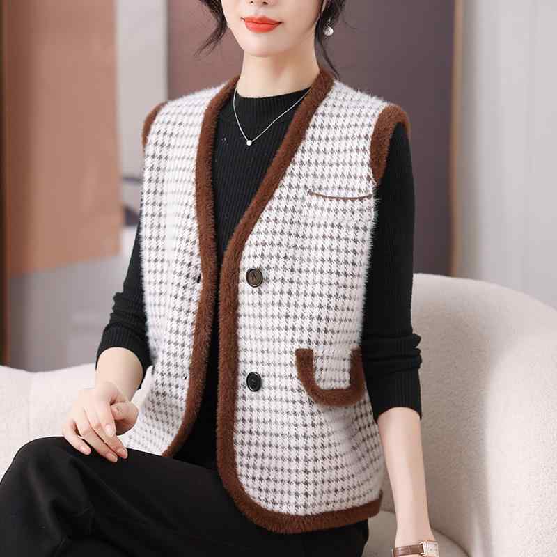 春 コーデ レディース ファッション オシャレ カワイイ シンプル きれいめ ナチュラル 上品カジュアル 婦人服 千鳥格子 ベスト ジャケット ミディアム ロング ゆったり 大きいサイズ ニット